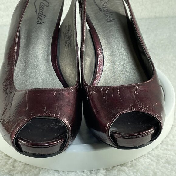 Candie's High Heels Womens Sz 8.5 Burgundy Red Slingback Peep Toe 4 Inch Heels - Picture 4 of 8